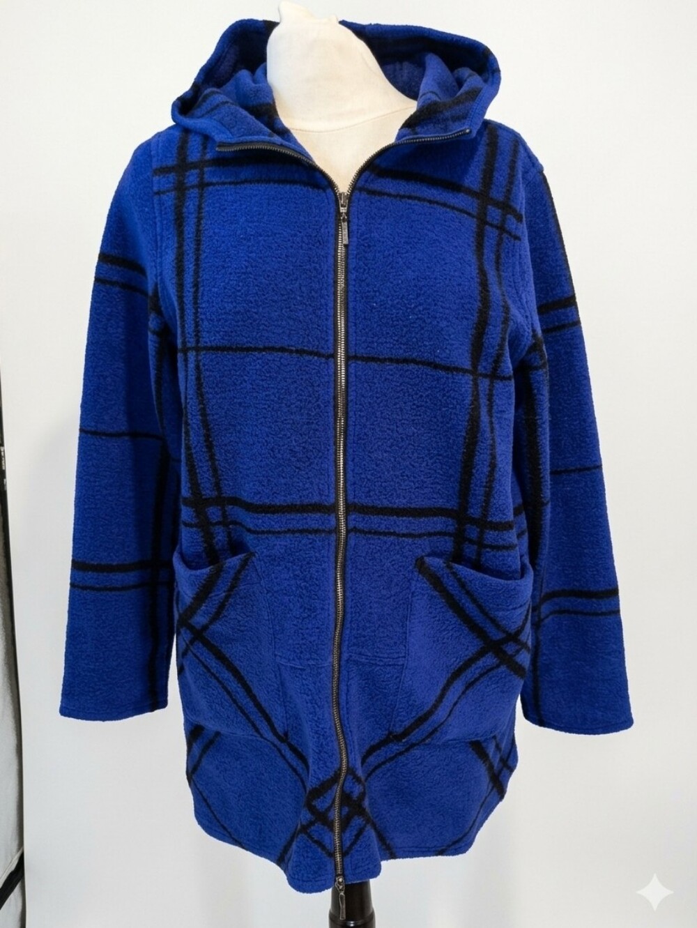 NWT Lyse Spenard Blue Plaid Zip-Front Hooded Coat Jacket Medium